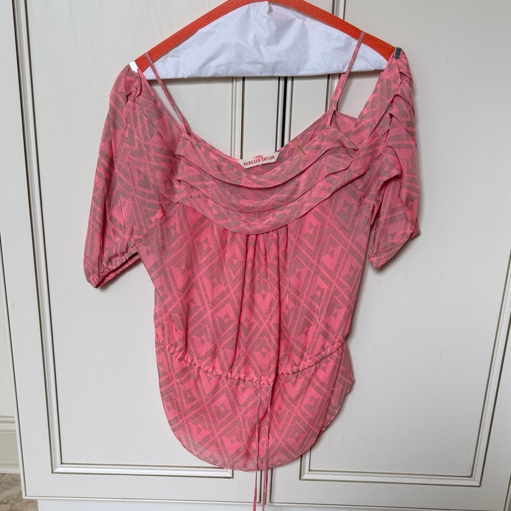 Rebecca Taylor Pink Geometric Off-Shoulder Blouse with Drawstring Hem